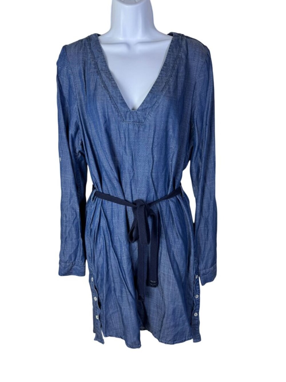 Current Air Women Chambray Tunic Dress Belted Blue Size Large Long Sleeve tencel